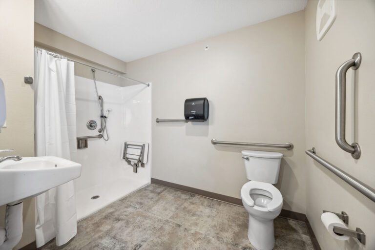 Accessible Benedict Home memory care bathroom with shower, sink, toilet, grab bars, and beige walls.