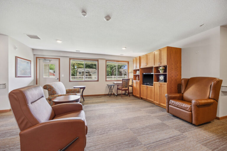 Cozy memory care living room with armchairs, a TV cabinet, and large windows overlooking greenery.