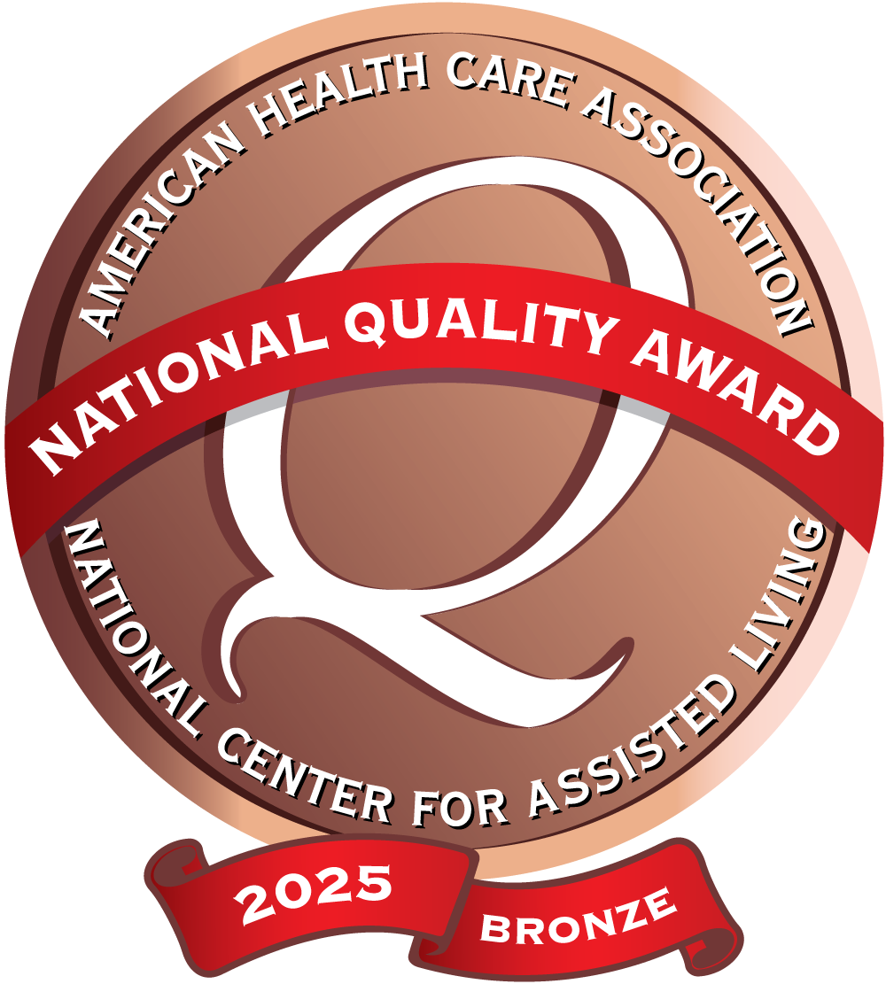 A digital badge stating National Quality Award 2025 Bronze from American Health Care Association and National Center for Assisted Living