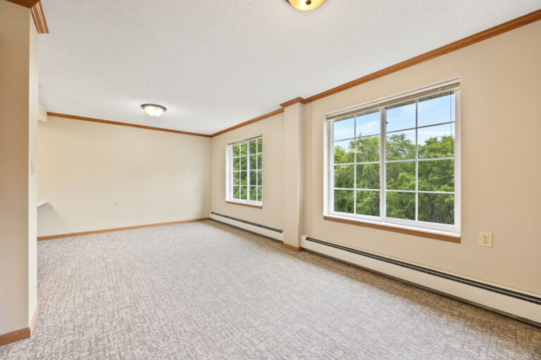 Bright empty apartment room with large windows, light carpet, and cream walls, overlooking green trees outside.