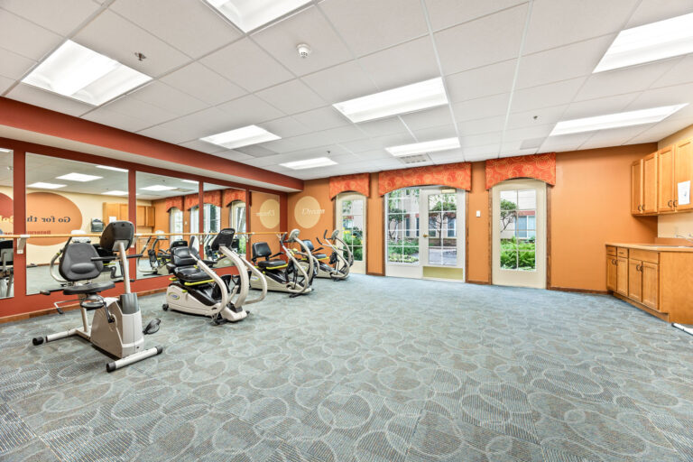 Spacious gym with exercise bikes, large mirrors, windows, and orange accents on the walls and carpet.