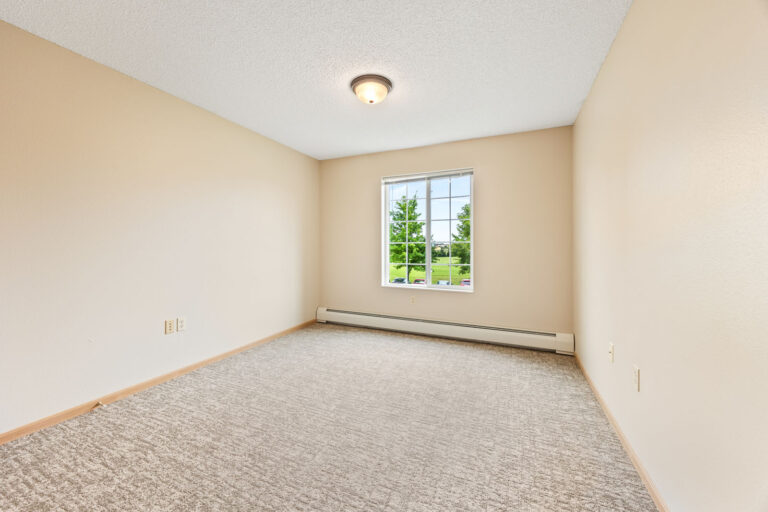 Empty independent living room with carpet flooring, a window, and a ceiling light fixture.