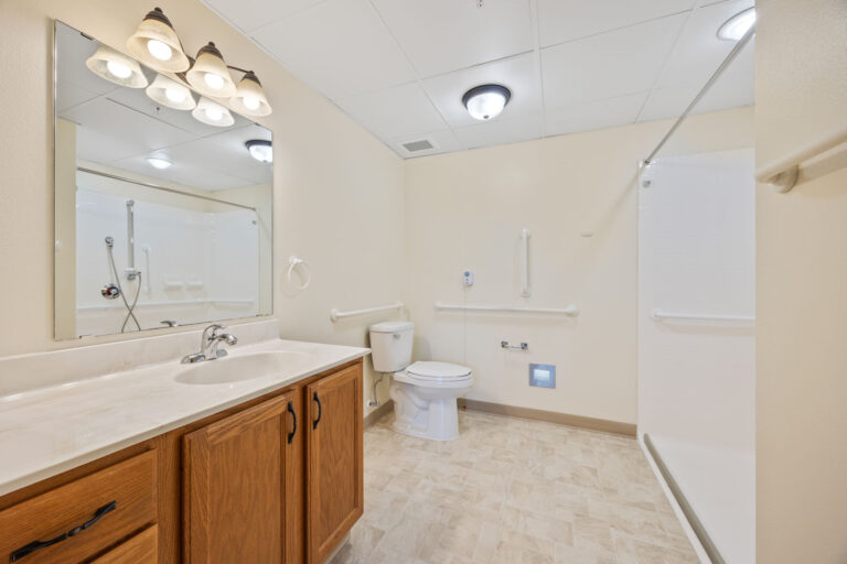 Memory care accessible bathroom with wooden vanity, toilet, walk-in shower, grab bars, and beige walls.