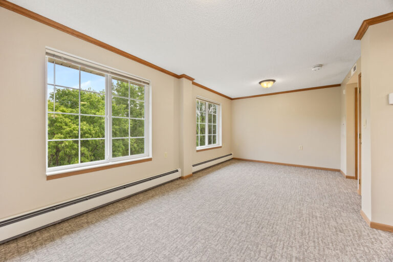 Bright empty apartment room with large windows, light carpet, and cream walls, overlooking green trees outside.