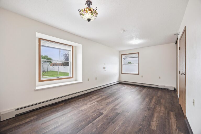 Bright, empty apartment with dark wood floors, white walls, two windows, and a decorative ceiling light fixture.