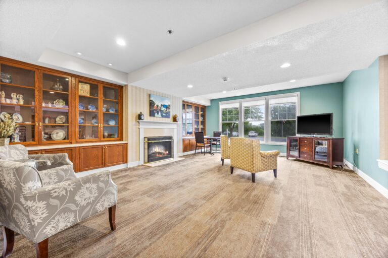 Bright lounge with armchairs, fireplace, TV, display cabinet, and large windows overlooking greenery.