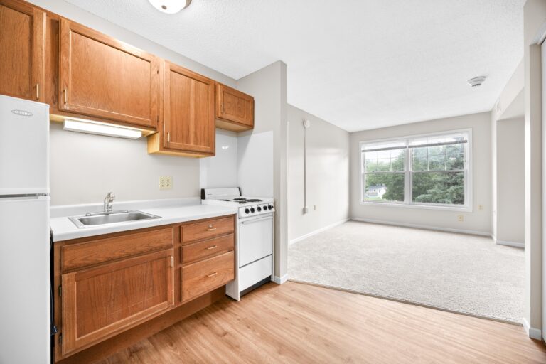 Small kitchen with wood cabinets opens to a bright living area with large window and beige carpet.