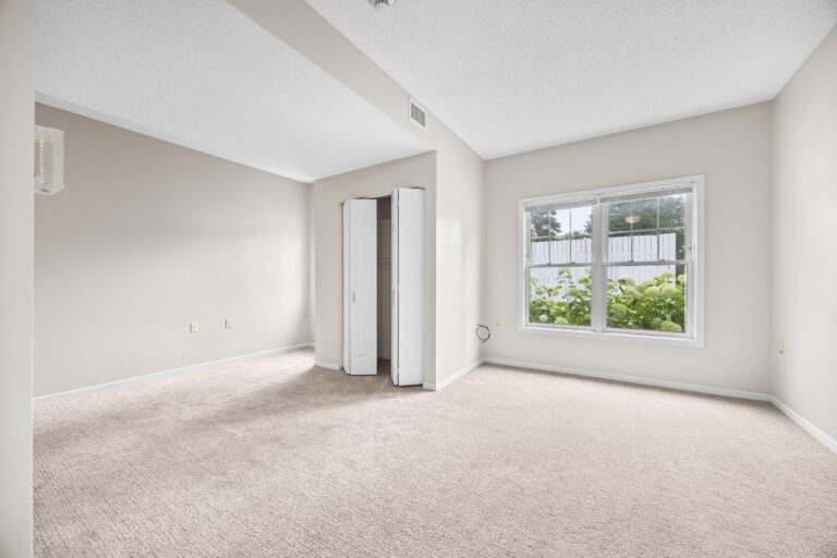 Empty beige carpeted room with open closet doors and a window overlooking greenery outside.