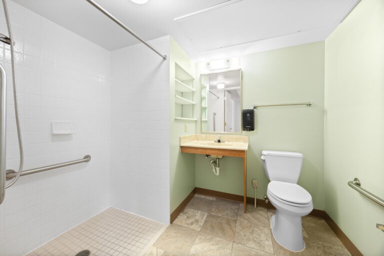 Accessible bathroom with open shower, grab bars, wall-mounted sink and toilet.