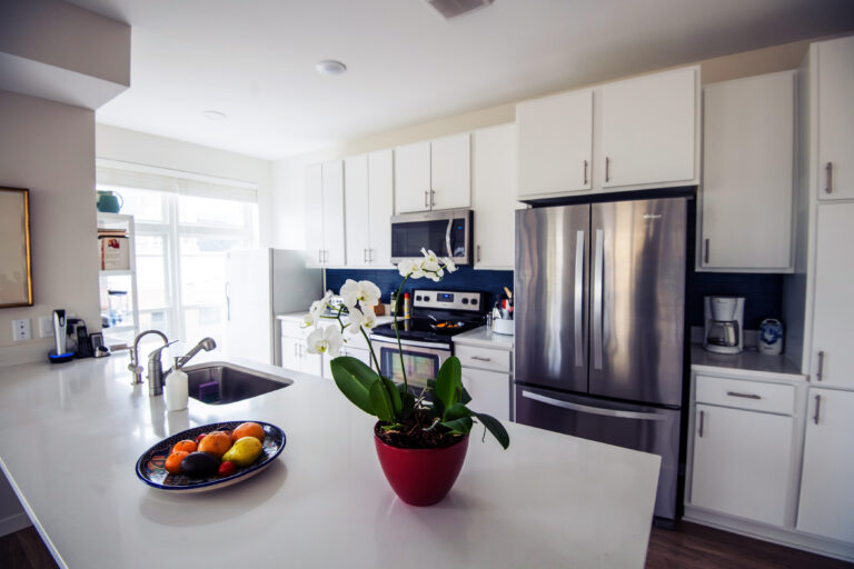Modern kitchen with white cabinets, stainless steel appliances, and an orchid and fruit bowl on the island.