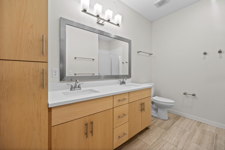 Modern bathroom with light wood cabinets, double sinks, large mirror, and white walls.