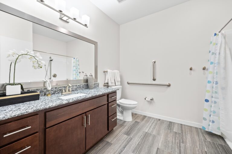 Modern bathroom with dark wood cabinets, granite countertop, and accessible toilet with grab bars.