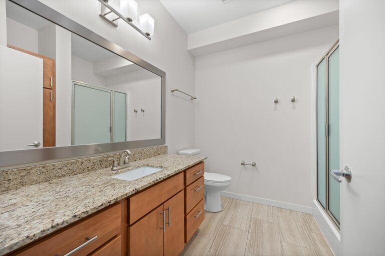 Modern bathroom with a granite countertop, large mirror, toilet, and glass shower enclosure.