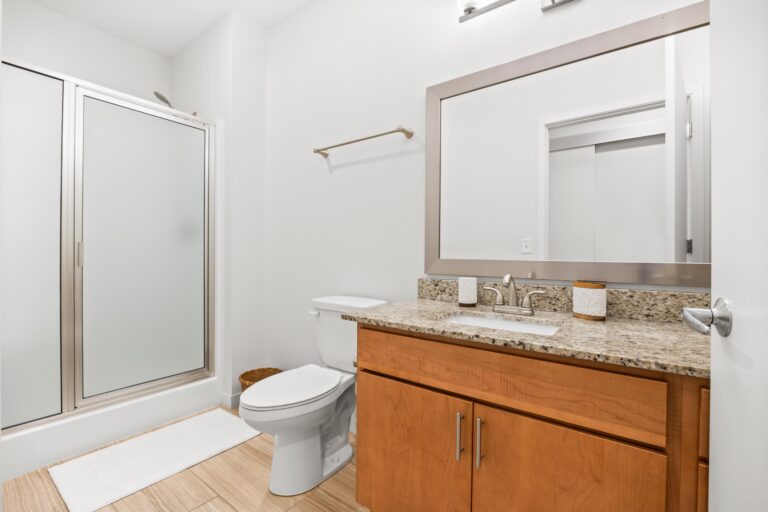 Modern bathroom with wood vanity, granite countertop, toilet, large mirror, and glass shower enclosure.