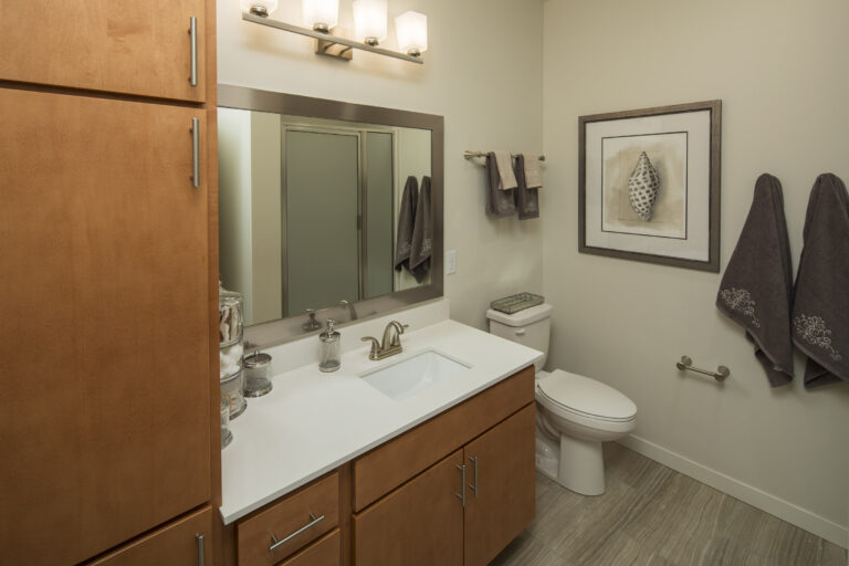 Modern bathroom with wood cabinets, white countertop, toilet, and wall-mounted towels and artwork.