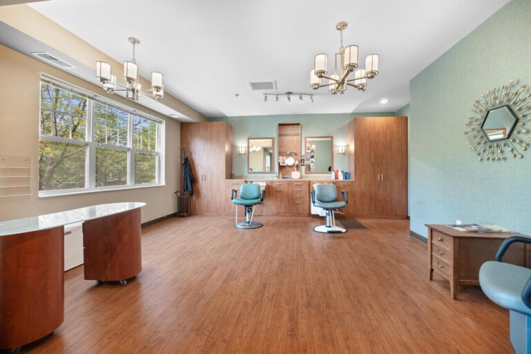 Modern salon with two blue chairs, wood floors, mirrors, chandeliers, and large windows with trees outside.