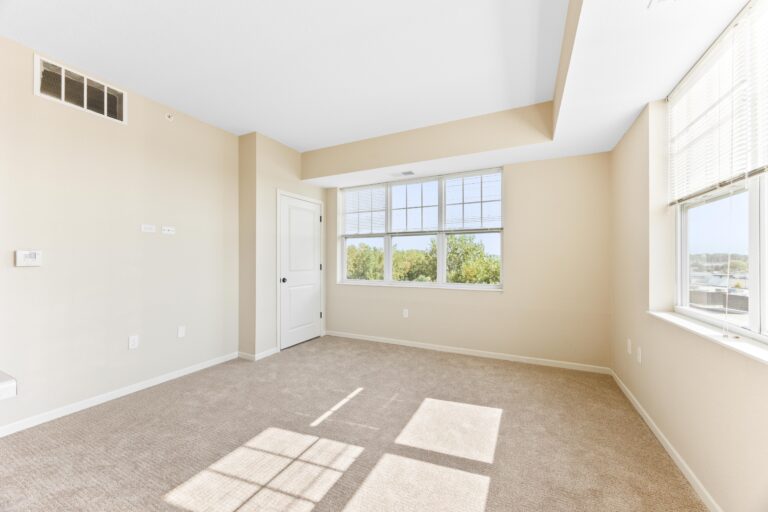 Bright, empty room with beige carpet, white walls, and large windows letting in natural sunlight.