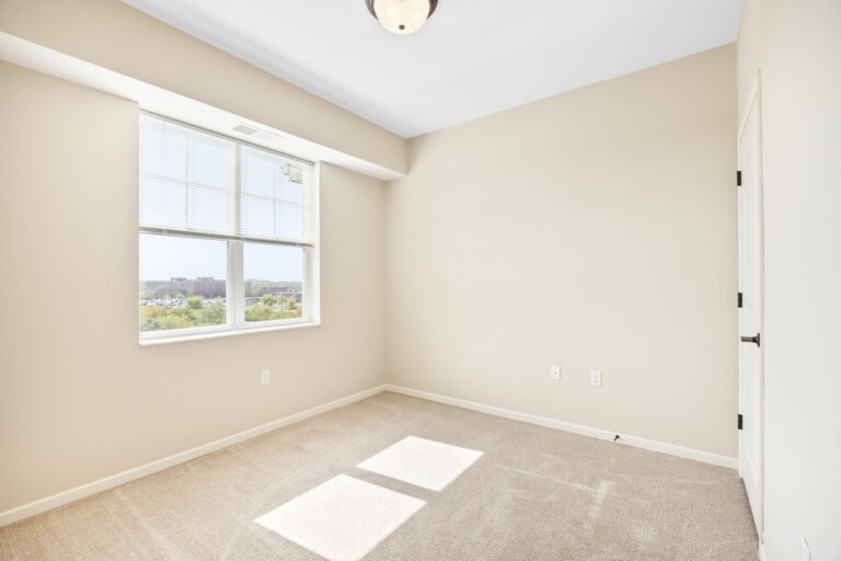 Empty beige-carpeted room with a large window, white walls, and closed door, sunlight on the floor.