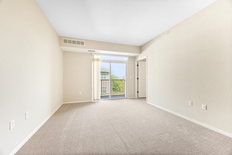 Empty beige carpeted room with sliding glass doors leading to a balcony and an open closet door.