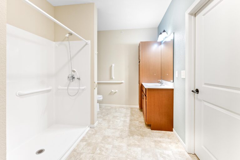 Accessible bathroom with a walk-in shower, grab bars, sink, toilet, and wood cabinets.