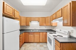Kitchen with wooden cabinets, white appliances, double sink, and black countertops under bright lighting.