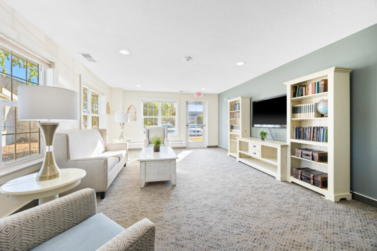 Bright living room with sofas, bookshelves, a TV, and large windows letting in natural light.