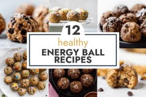 A collage of 6 different photos of energy balls on plates, with the title overlaid on it: 12 healthy energy ball recipes