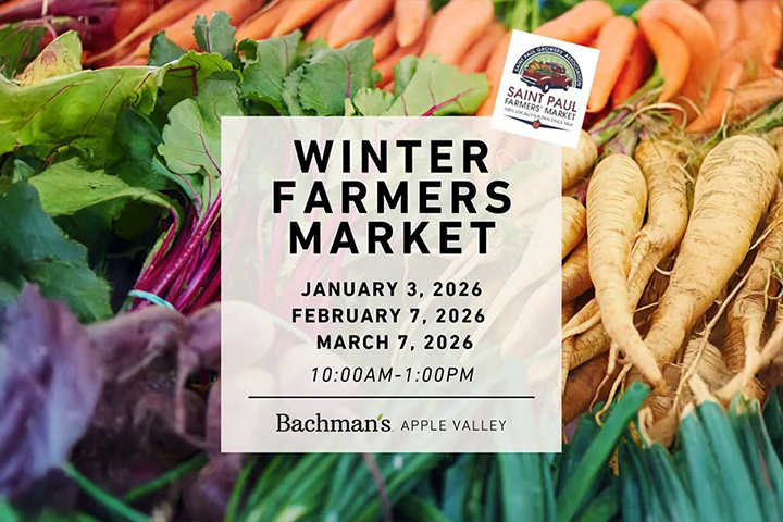 A photo of fresh produce with a graphic overlayed with information about Winter Famers Market dates and times.