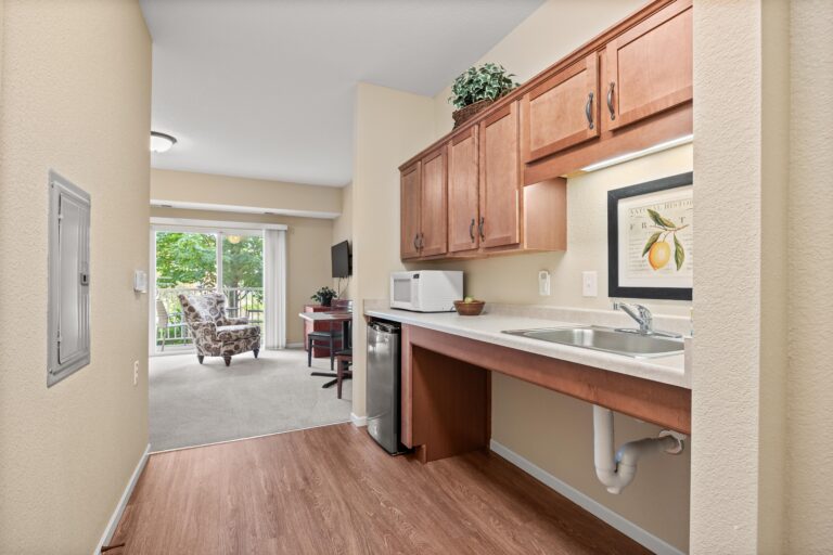 Wood flooring under sink, countertop and wood cabinetry with small fridge and microwave; walkthrough to carpeted living area.