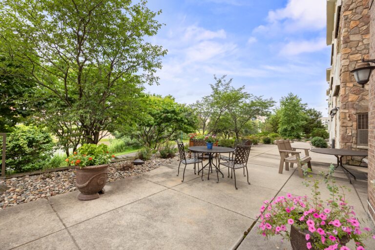 An outdoor concrete patio space with two tables and chairs, multiple flower pots with plants in full bloom, surrounded by trees.