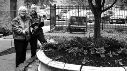 Senior adult woman and mature adult woman volunteer smile while gardening in a lush, circular garden bed. They are holding plants, wearing jackets, conveying joy and community.