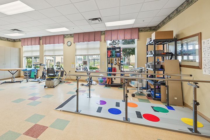 Interior view of a fitness and therapy room, featuring large windows, and a variety of therapy equipment,