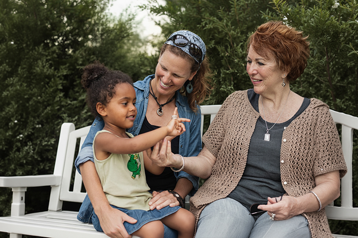Three generations; Grandmother, adult daughter, and grand daughter sitting outside on a bench.