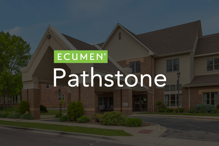 Ecumen Pathstone logo overlayed on a photo of a Pathstone building with a carport
