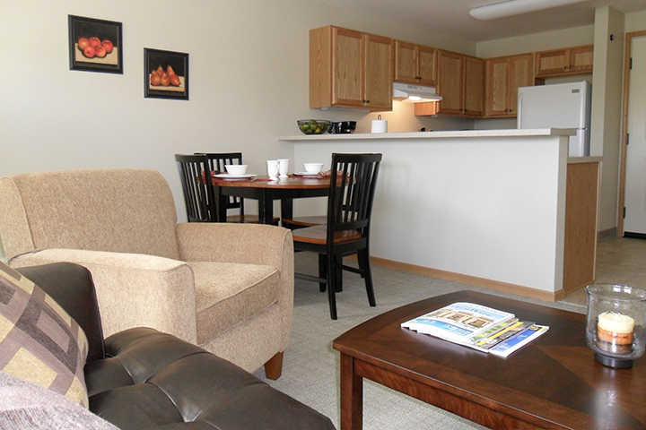A furnished apartment living room and dining room, adjacent to a bartop counter separating the kitchen