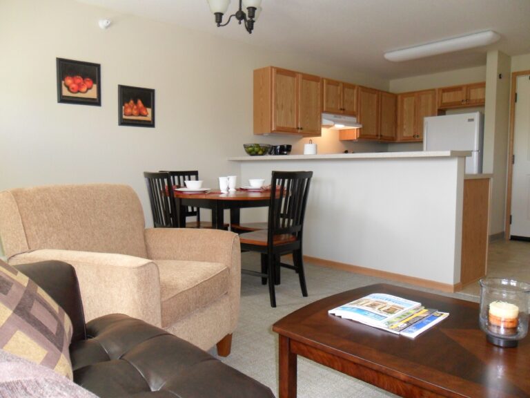A furnished apartment living room and dining room, adjacent to a bartop counter separating the kitchen