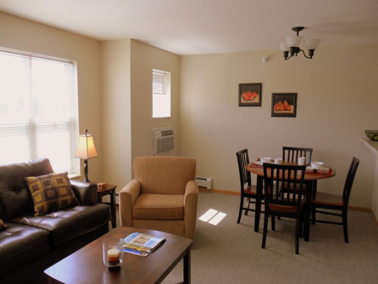 A furnished apartment living room with leather sofa, lounge chair, coffee table and small round dining table.