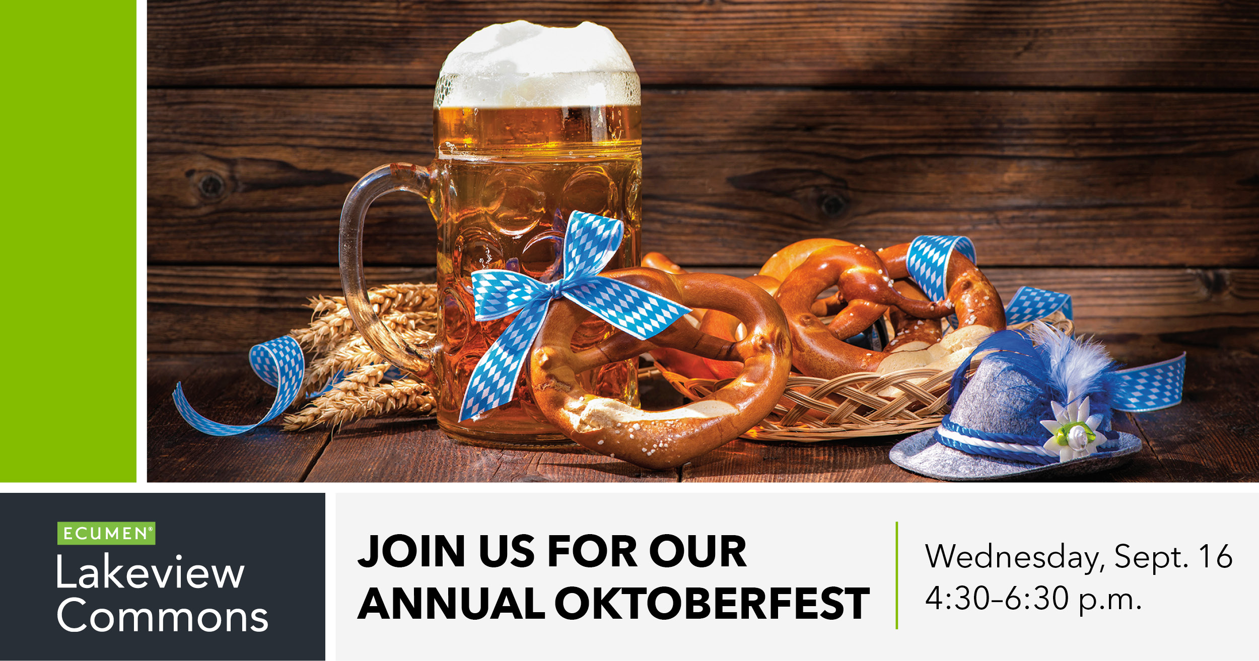 A table set iwth Oktoberfest decor above event information for an annual Oktoberfest event at Ecumen Lakeview Commons Sept. 16 from 4:30-6:30pm