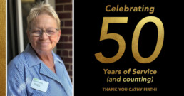 A tribute to Cathy Firth featuring her portrait and a collage of photos forming the number 50, celebrating her fifty years at Ecumen Lakeshore.