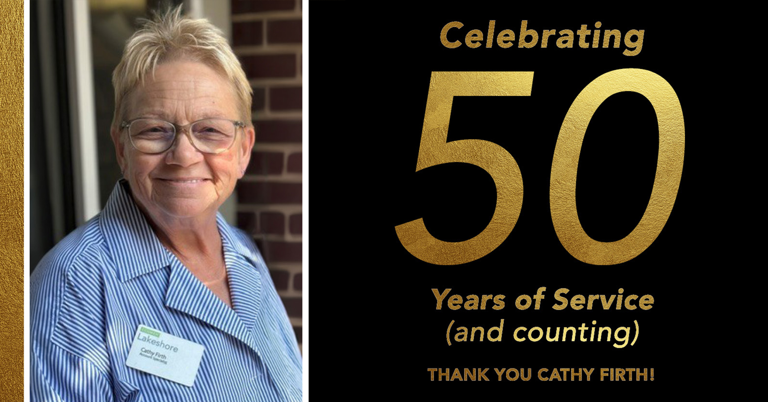 A tribute to Cathy Firth featuring her portrait and a collage of photos forming the number 50, celebrating her fifty years at Ecumen Lakeshore.
