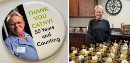 A round pin featuring a photo of a woman with text reading Thank You Cathy! 50 Years and Counting, next to a woman standing behind many cupcakes.