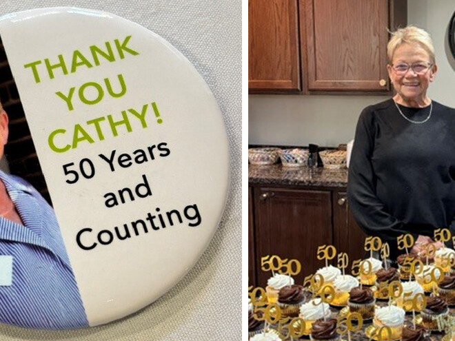 A round pin featuring a photo of a woman with text reading Thank You Cathy! 50 Years and Counting, next to a woman standing behind many cupcakes.