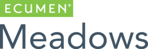 A green and grey logo for Ecumen Meadows.