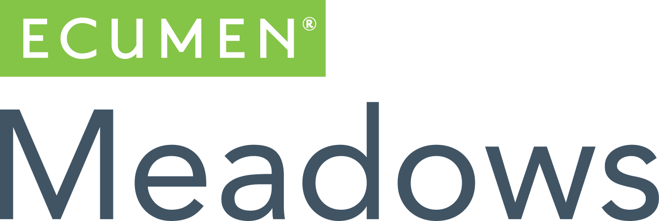 A green and grey logo for Ecumen Meadows.
