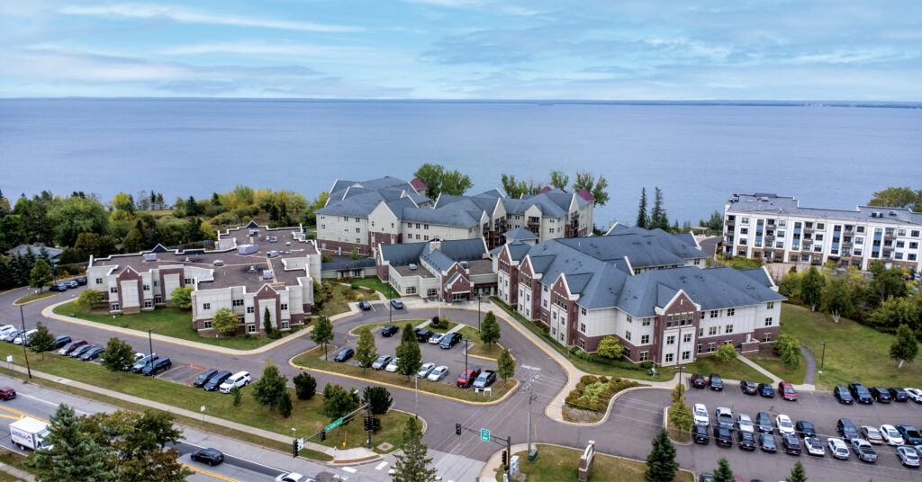 An aerial view of the Ecumen Lakeshore campus near Lake Superior in Duluth, MN