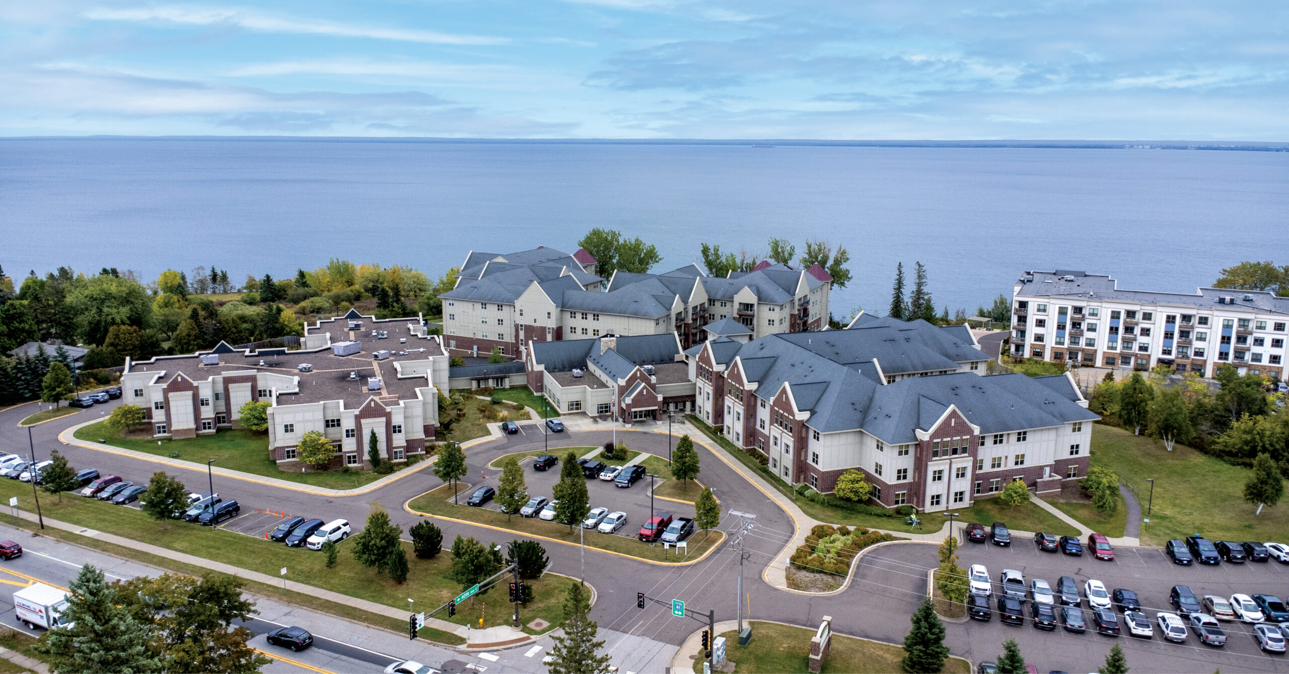 An aerial view of the Ecumen Lakeshore campus near Lake Superior in Duluth, MN