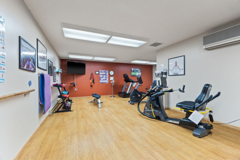 Interior room with hardwood floor, terracotta accent wall, dumb bell rack, TV, treadmill, and two recumbent bikes.