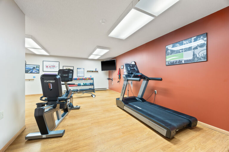 Interior room with hardwood floor, terracotta accent wall, dumb bell rack, TV, treadmill, and recumbent bike.