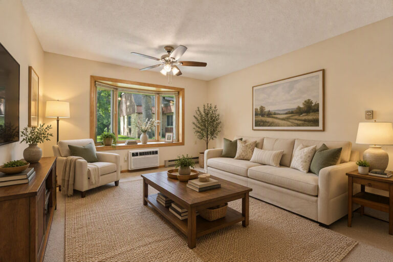 Interior fully furnished apartment living room, featuring sofa, coffee table, end tables, lounge chair and credenza.
