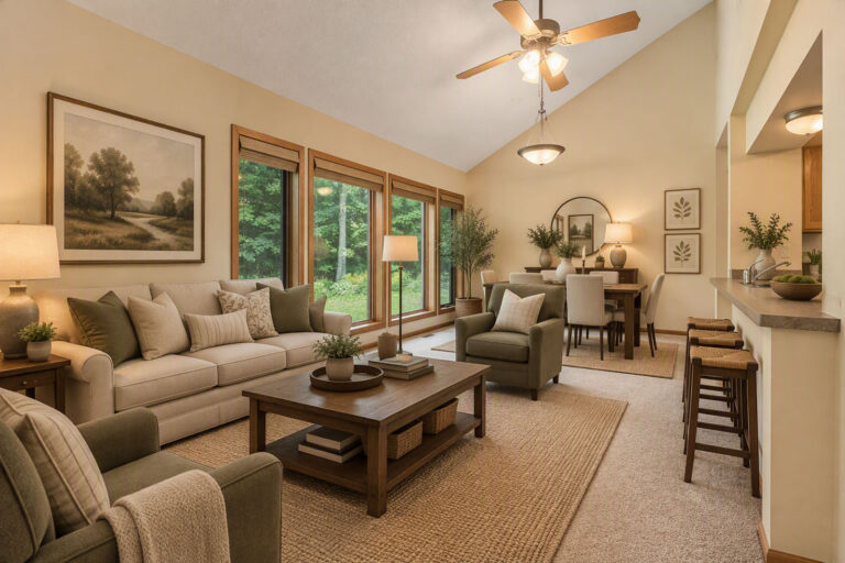 Fully furnished interior living space, including sofa, lounge chairs, coffee table, bar stools, and dining room table with chairs.